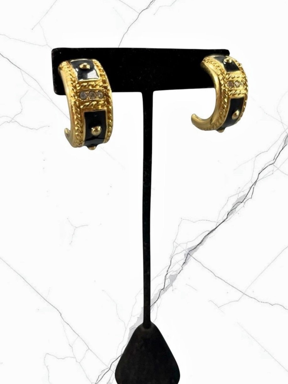 Vintage Swarovski Gold Tone Black Enamel Earrings Clear Crystal Half Hoop Rope